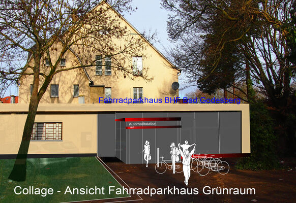 Die Visualisierung zeigt Menschen mit Fahrrädern vor dem Fahrradparkhaus in der früheren Klangstation am Bahnhof Bad Godesberg.