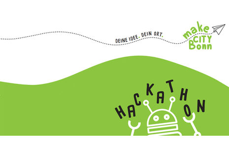 Das Bild zeigt das Logo des MakeCityBonn-Hackathons 2024 in grün mit einem kleinen Roboter.