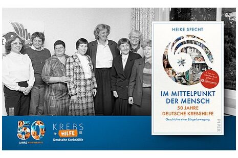 Das Bild zeigt das Banner anlässlich des 50-jährigen Bestehens der Deutschen Krebshilfe mit einem historischen Foto, das unter anderem die Gründerin Mildred Scheel.