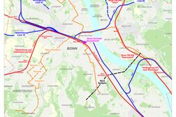 Die Karte zeigt, wie der Nahverkehr auf der Schiene und mit der Seilbahn mit der zeitlichen Perspektive "2035+" aussehen soll. Verschiedene neue Verbindungen und Strecken sind in Planung.