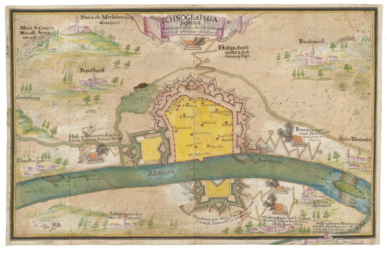 Die Übersichtskarte zeigt detailreich die Belagerung Bonns und Umgebung im Jahr 1703.