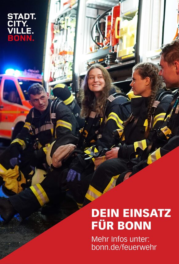 Plakat mit Einsatzkräften der Feuerwehr und dem Slogan "Dein Einsatz für Bonn".