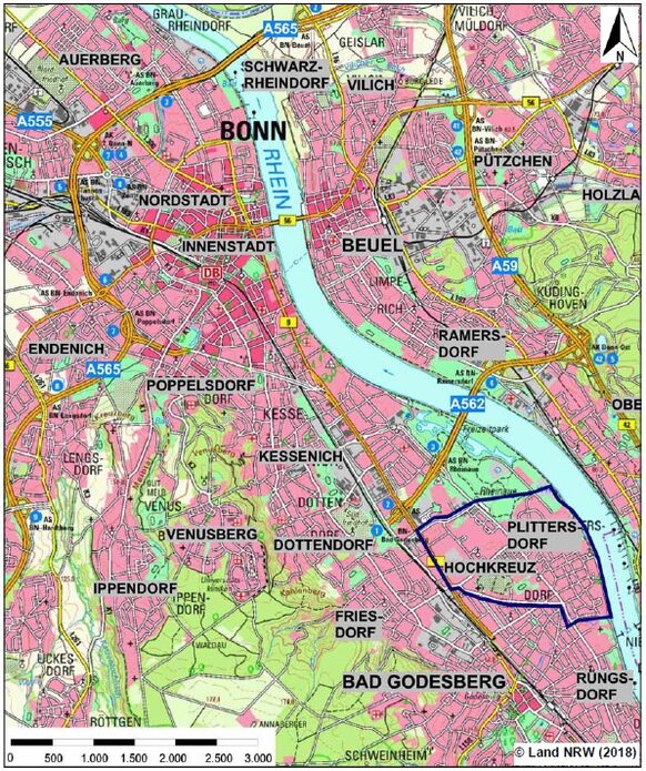 Die Karte zeigt das Untersuchungsgebiet für das Parkraumkonzept Hochkreuz/Plittersdorf.