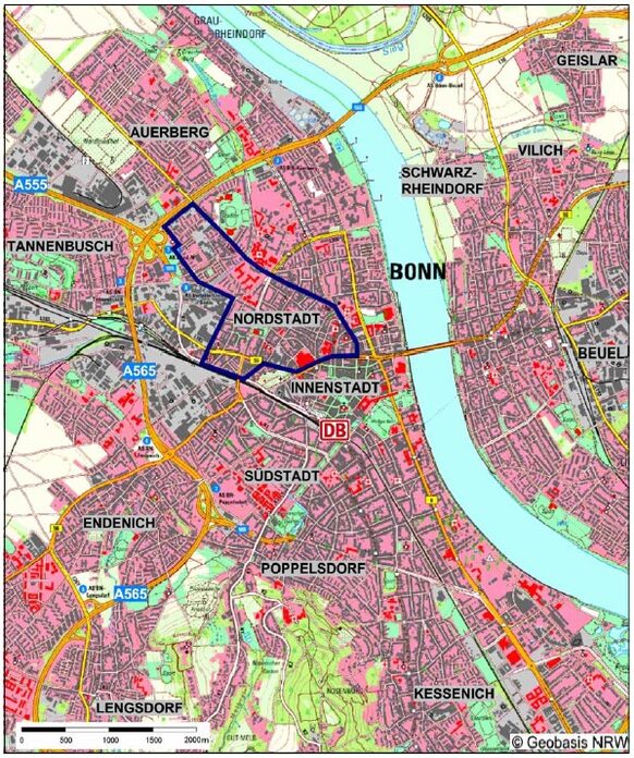 Die Karte zeigt das Gebiet für das Parkraumonzept. Es grenzt sich im Wesentlichen durch Kölnstraße, Autobahn 565, Dorotheenstraße, Ellerstraße, Thomastraße, Heerstraße, Bornheimer Straße, Berliner Platz und Oxfordstraße ab.