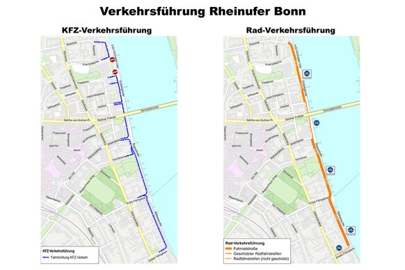 Die beiden Karten zeigen die Verkehrsführung für den Kfz-Verkehr und für den Radverkehr, wenn die Markierungen umgesetzt sind.