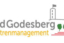 Das Bild zeigt das Logo des Zentrenmanagements Bad Godesberg mit einer Zeichnung der Godesburg sowie den Cityterrassen.