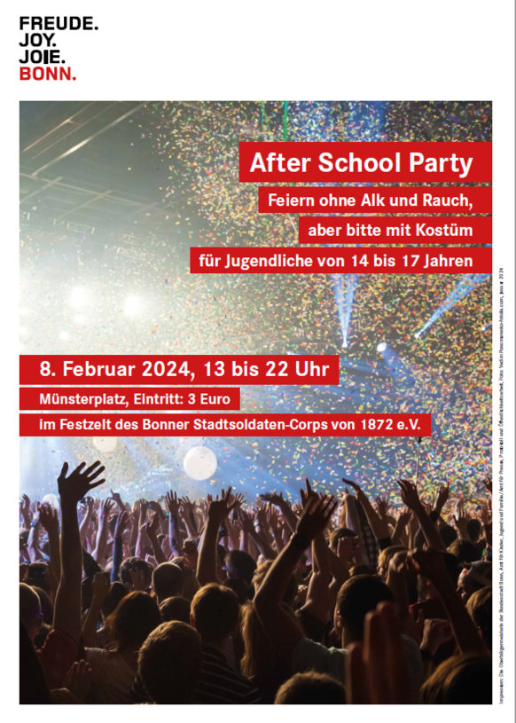 Das Bild zeigt das Plakat für die After School Party 2024 mit einer feiernden Menge im Zelt.