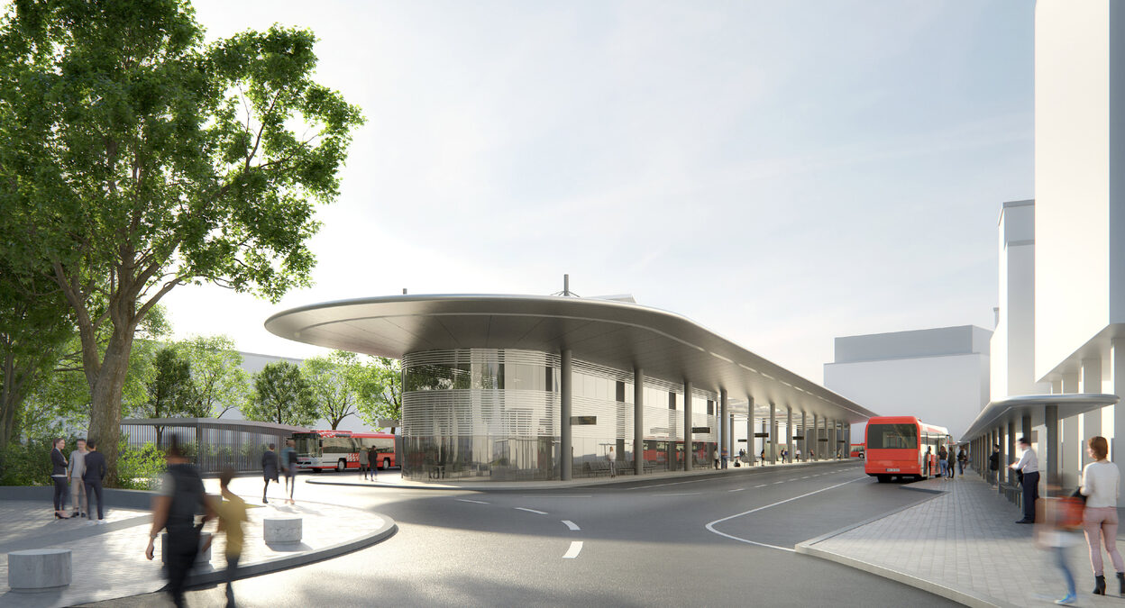 Diese erste Visualisierung zeigt, wie der Wartebereich auf der Mittelinsel des neuen Zentralen Omnibus-Bahnhofs vom Kaiserplatz her aussehen könnte.