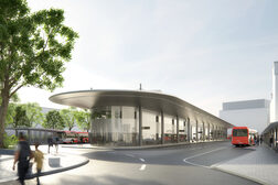Diese erste Visualisierung zeigt, wie der Wartebereich auf der Mittelinsel des neuen Zentralen Omnibus-Bahnhofs vom Kaiserplatz her aussehen könnte.