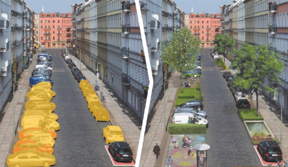 Die Fotomontage zeigt exemplarisch, wie eine veränderte Parkraumnutzung aussehen könnte