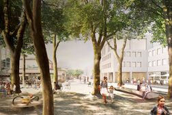 Die Visualisierung zeigt, wie die Innenstadt Bad Godesbergs künftig aussehen könnte: Sie bietet viel Grün und lädt zum Verweilen ein.