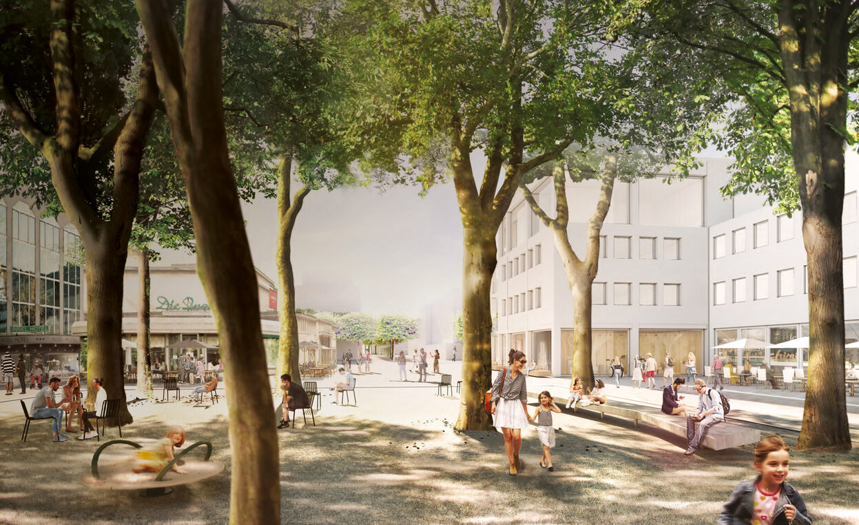 Die Visualisierung zeigt, wie die Innenstadt Bad Godesbergs künftig aussehen könnte: Sie bietet viel Grün und lädt zum Verweilen ein.