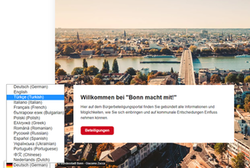 Das Bild zeigt einen Ausschnitt der Internetseite von Bonn-macht-mit mit dem Fenster zur Sprachauswahl.