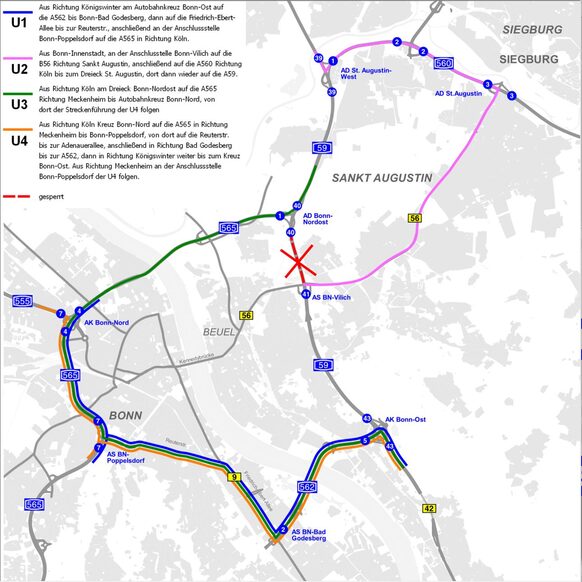 Die Karte zeigt die Umleitungsstrecken über die B56 sowie über Südbrücke/Reuterstraße/A565.