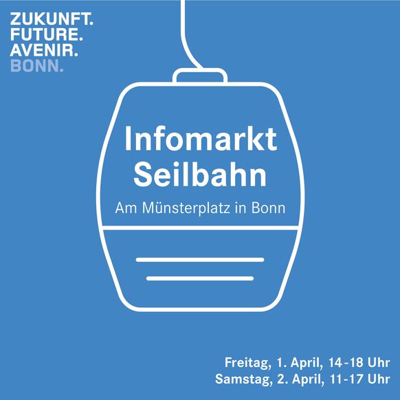 Mit Plakaten wirbt die Bundesstadt Bonn für den zweitägigen Infomarkt zur Seilbahn.