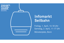 Piktogramm einer Gondel mit Hinweis auf den Infomarkt zur Seilbahn am 1. und 2. April 2022