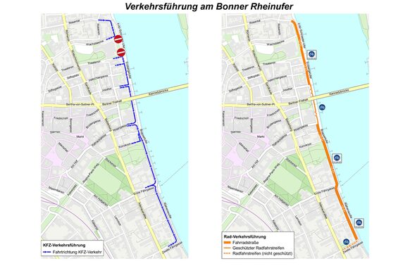 Die beiden Grafiken zeigen die Führung des Kfz-Verkehrs (links) und des Radverkehrs (r.) am Bonner Rheinufer, wenn die Arbeiten abgeschlossen sind.