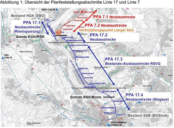 Der Plan zeigt die geplante Trasse der Stadtbahn-Verbindung über Niederkassel.