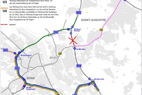 Die Karte zeigt die Sperrung der A59 und die Umleitungen über Bundesstraße 56 und Reuterstraße.