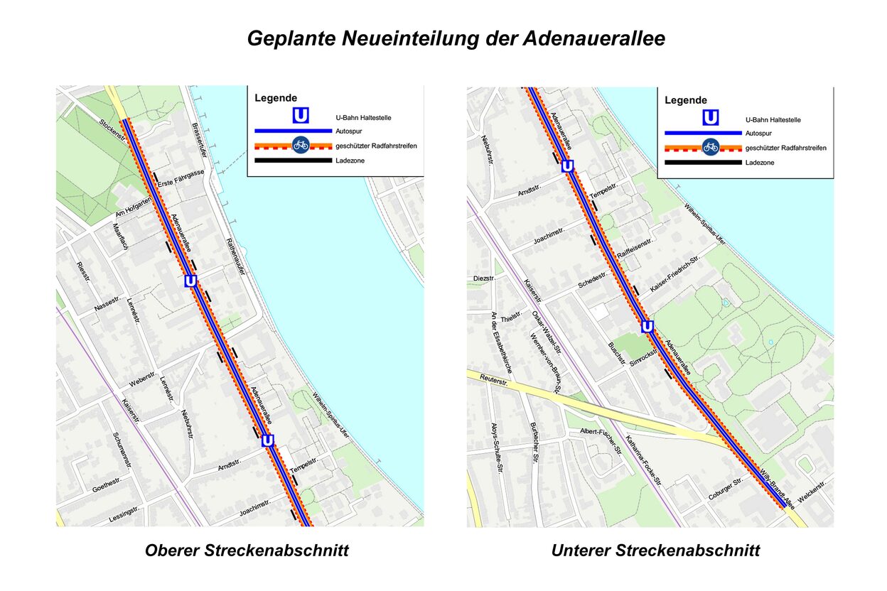 Die Kartenausschnitte zeigen die künftige Aufteilung des Verkehrs mit Kfz-Spuren, geschützten Radfahrstreifen und Ladezonen.