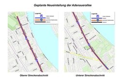 Die Kartenausschnitte zeigen die künftige Aufteilung des Verkehrs mit Kfz-Spuren, geschützten Radfahrstreifen und Ladezonen.