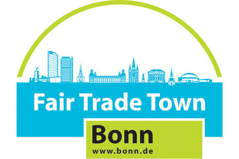 Logo mit gezeichneter Stadt-Silhouette von Bonn und Schriftzug "Fair Trade Town Bonn"