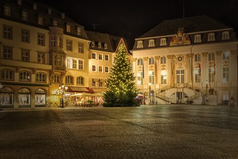 Abendliche Aufnahme des leuchtenden Weihnachtsbaum auf dem Markt vor dem Alten Rathaus