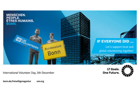 Das Bild zeigt das Kampagnenmotiv der Stadt Bonn und UNV zum Weltfreiwilligentag.