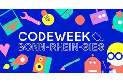 Das Bild zeigt das Logo der Code Week Bonn-Rhein-Sieg mit bunten Figuren auf blauem Grund.