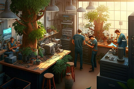 Zeichnung von Personen, die in einem Raum mit technischem Gerät und Pflanzen stehen.