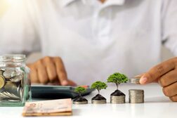 Tree growing on pile of money and businessman holding coins in hand idea to maximize profit from business investment.