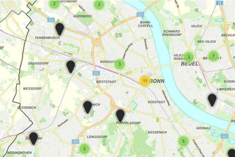 Screenshot des Stadtplans Bonn mit einigen Markierungen zur Vorhabenliste