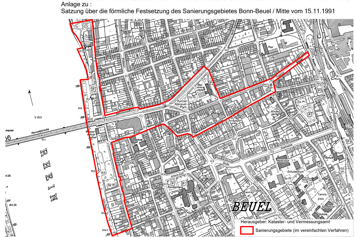 Der Kartenausschnitt von 1991 zeigt das Sanierungsgebiet in Bonn-Beuel