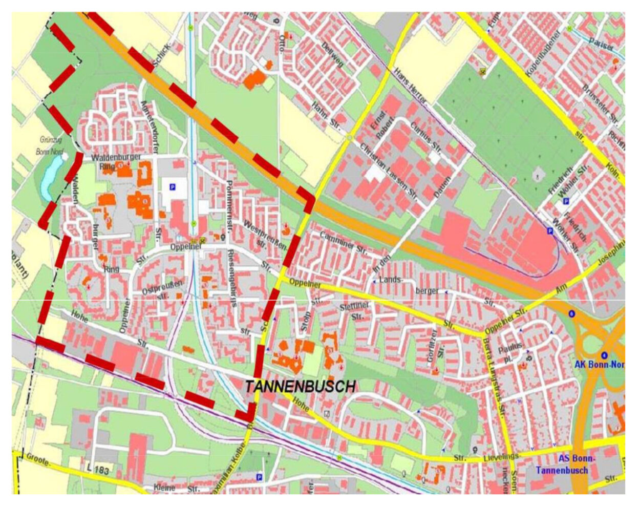 Ausschnitt aus dem Stadtplan Bonn mit dem Geltungsbereich Soziale Stadt Tannenbusch