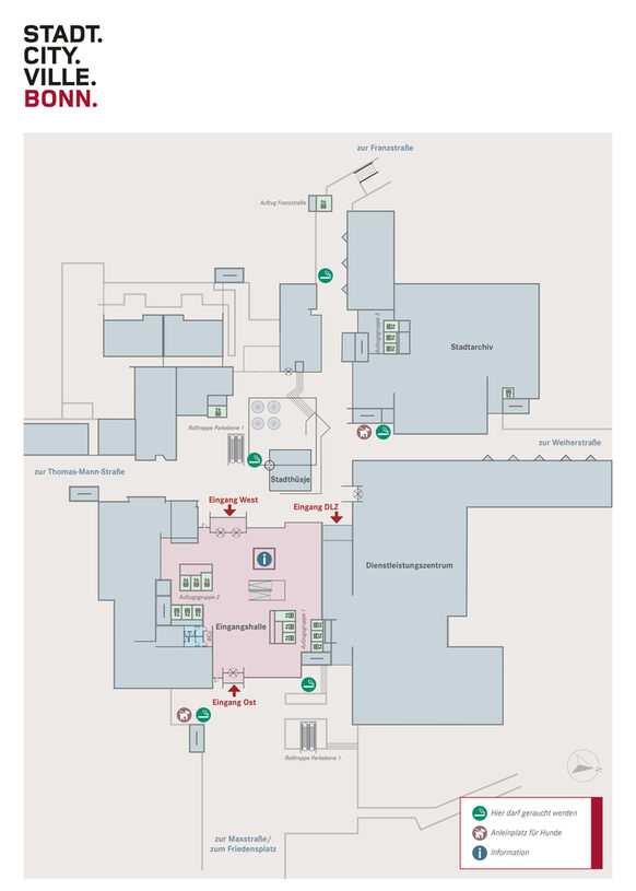 Planzeichnung des Stadthauses mit den ausgewiesenen Raucher- und Hundeparkzonen