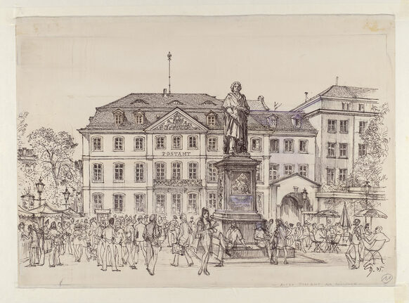 Beethoven-Denkmal und Postamt mit Menschen als historische Zeichnung