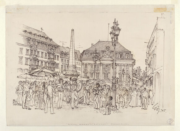 Historische Zeichnung Markt und Altes Rathaus mit Menschen