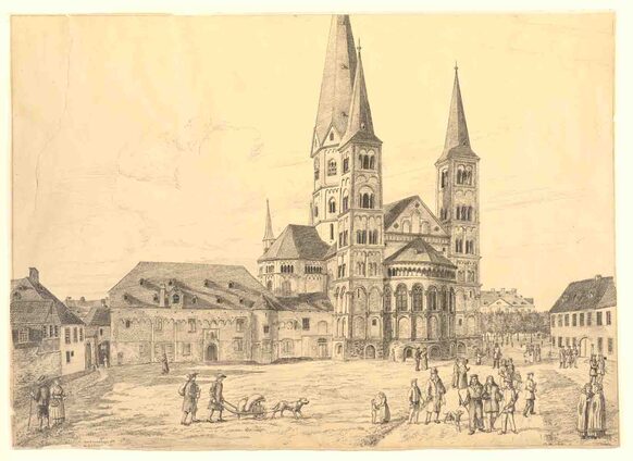 Münster von Südost mit Martinsplatz und Kapitelhaus, Lithographie 1819