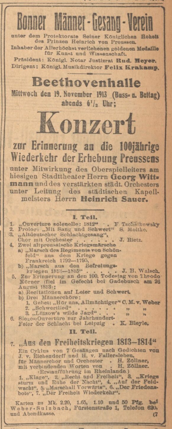 Konzertankündigung aus dem Bonner General-Anzeiger vom 16. November 1913