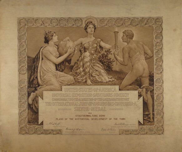 Diplom über die Verleihung der Silbermedaille an die Stadt Bonn für deren hervorragende Leistungen auf der Weltausstellung in St. Louis 1904