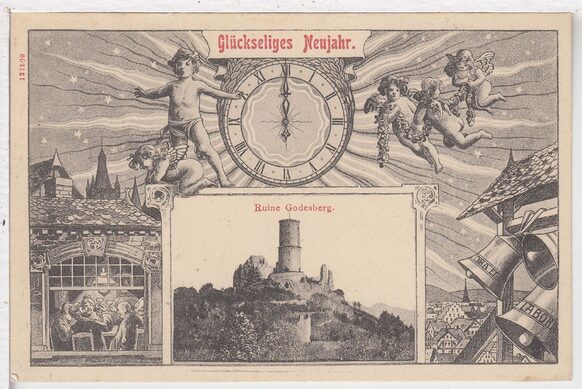 Ansichtskarte der Ruine Godesburg mit Neujahrswünschen