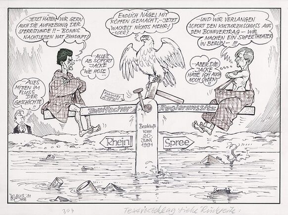 Karikatur von Klaus Böhle zum Berlin-Beschluss des Deutschen Bundestags 1991