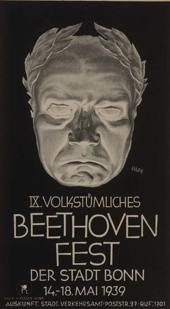 Plakat mit gezeichnetem Kopf von Beethoven als Maske vor einem schwarzen Hintergrund, das für das 9. Volkstümliche Beethoven-Fest wirbt