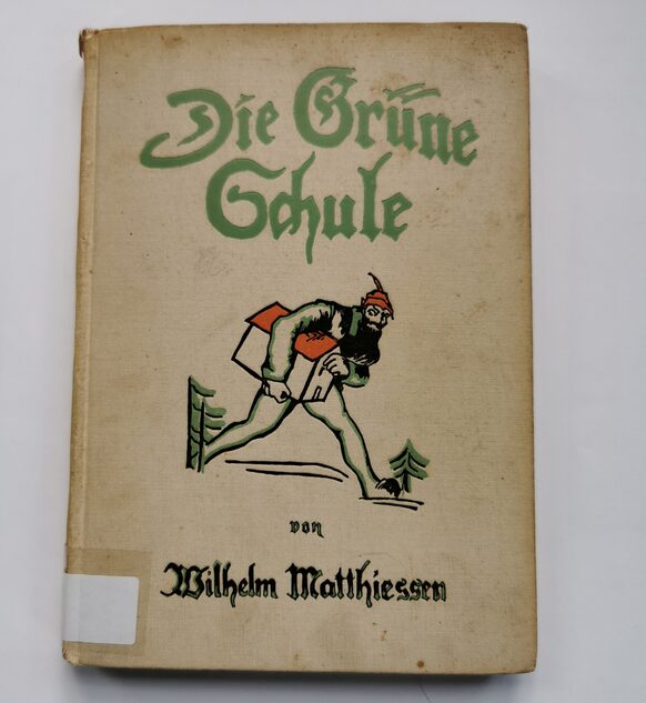 Buch "Die Grüne Schule" von Wilhelm Matthiessen, Cover mit einem Riesen, der ein Gebäude unterm Arm trägt.