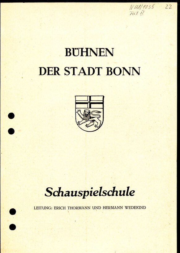 Druckschrift „Bühnen der Stadt Bonn. Schauspielschule“, Seite 1, um 1949; N41/1055
