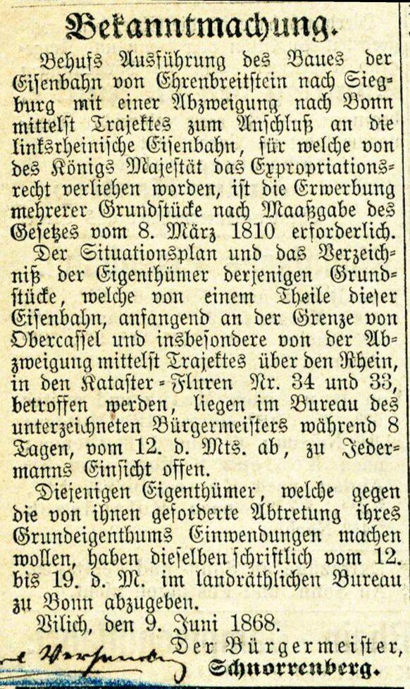 Bekanntmachung zum Kauf von Grundstücken für die Trajektbahn, Bonner Zeitung vom 10. Juni 1868