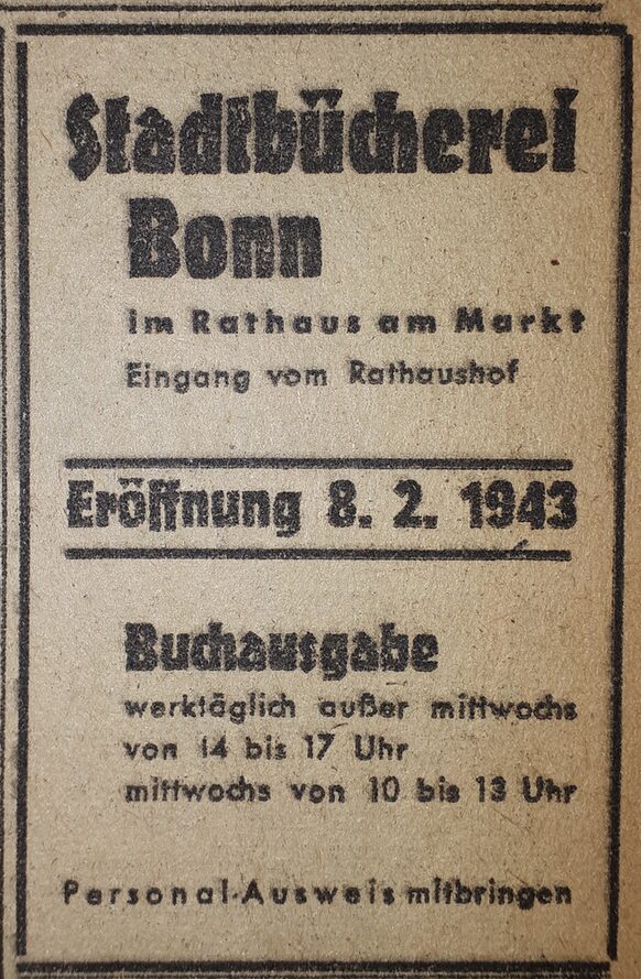 Zeitungsannonce zur Eröffnung der Stadtbücherei Bonn aus dem Jahr 1943