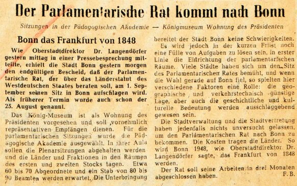 Zeitungsausschnitt der Rheinischen Post von 1948 zur Ankündigung des Parlamentarischen Rates.