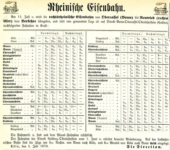Ankündigung und Fahrplan der Rheinischen Eisenbahn, Bonner Zeitung vom 5. Juli 1870.