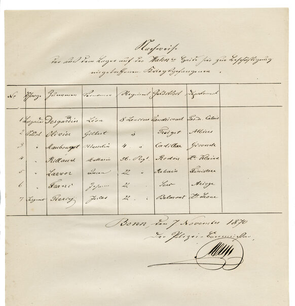 Die Liste der sieben französischen Kriegsgefangenen, 7. November 1870